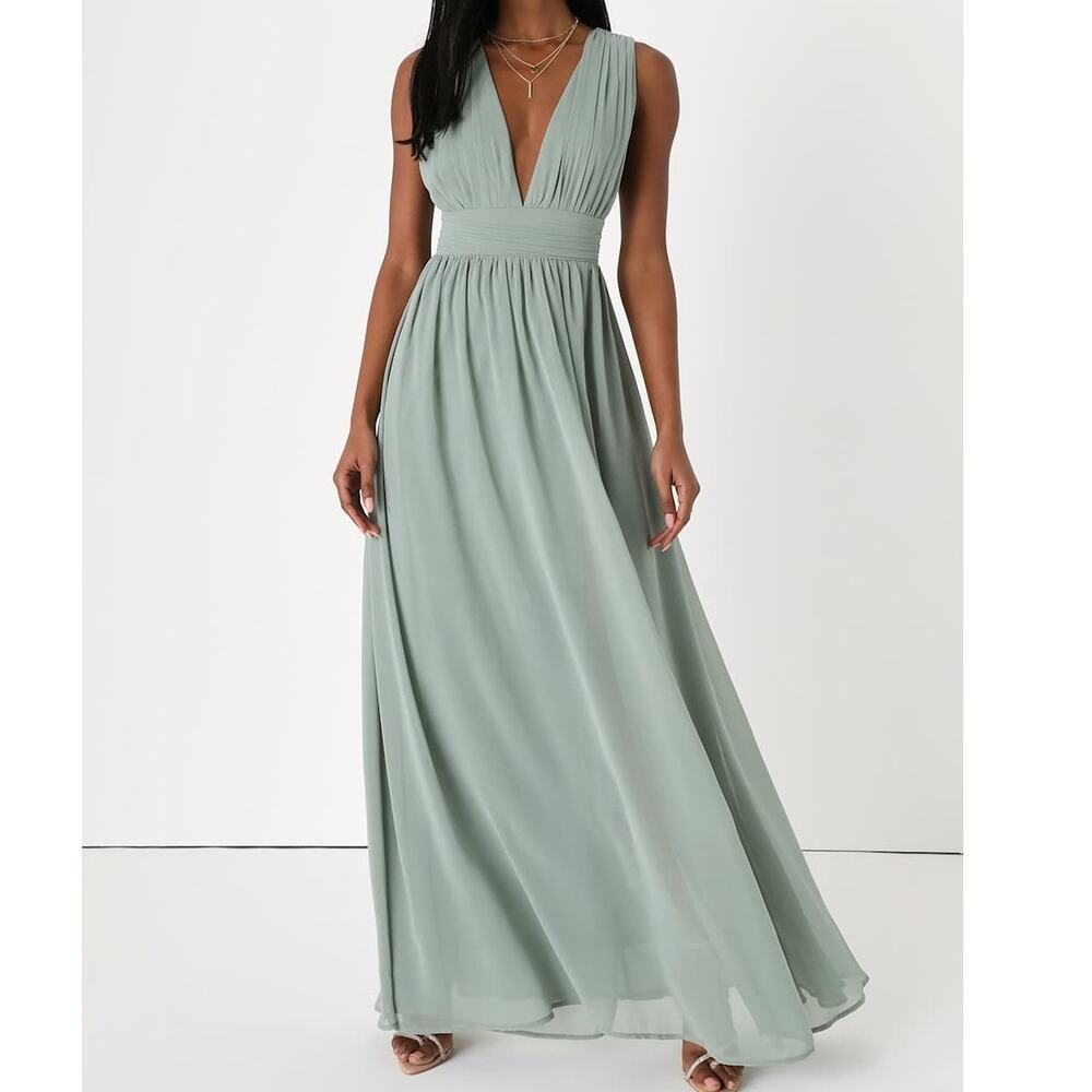Lulus NWOT Heavenly Hues Sage Green Brush Woven Chiffon V-Neck Maxi Dress Large - Picture 3 of 11